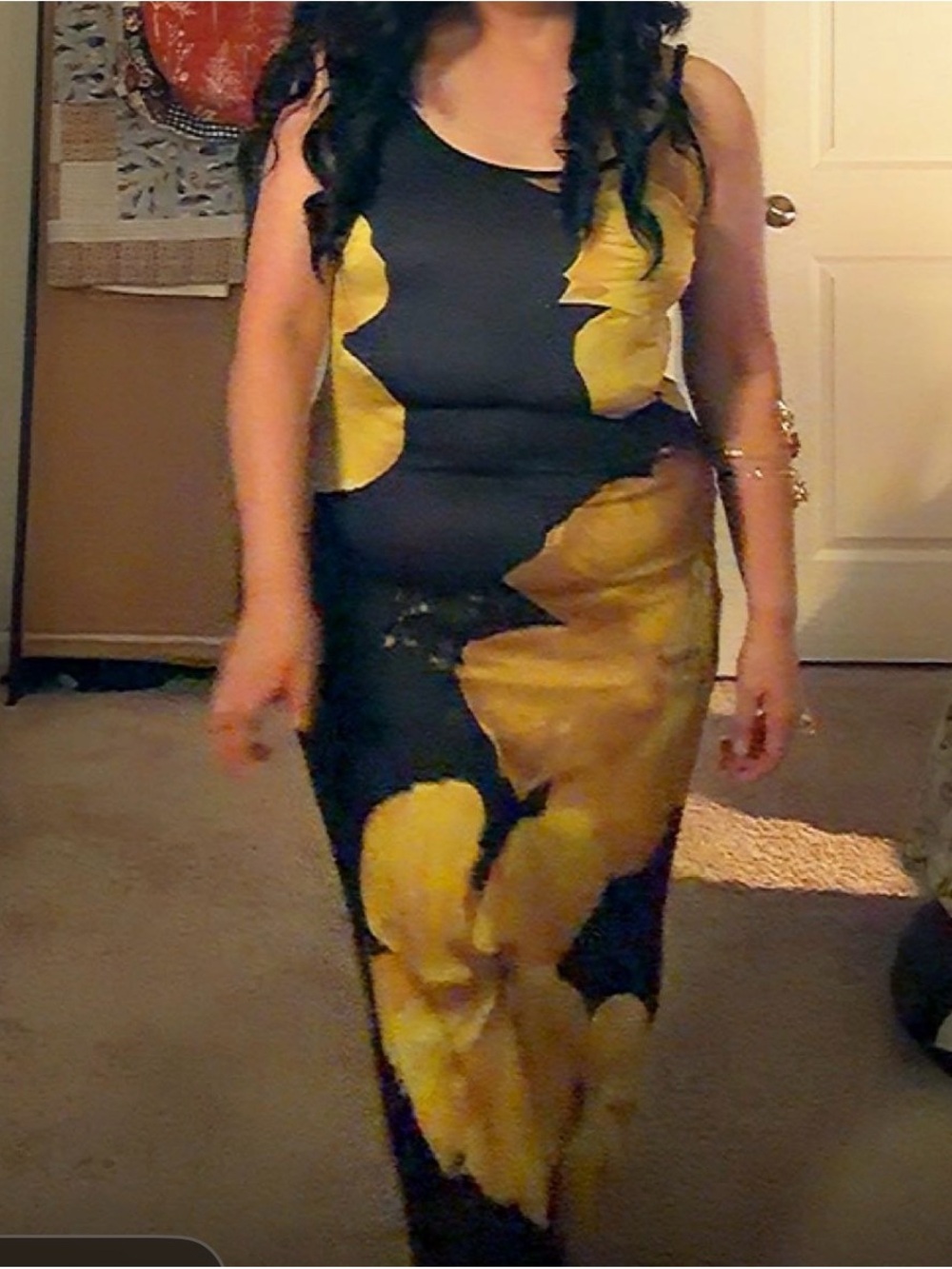 SHEIN Black & Yellow Floral Midi Bodycon Dress
